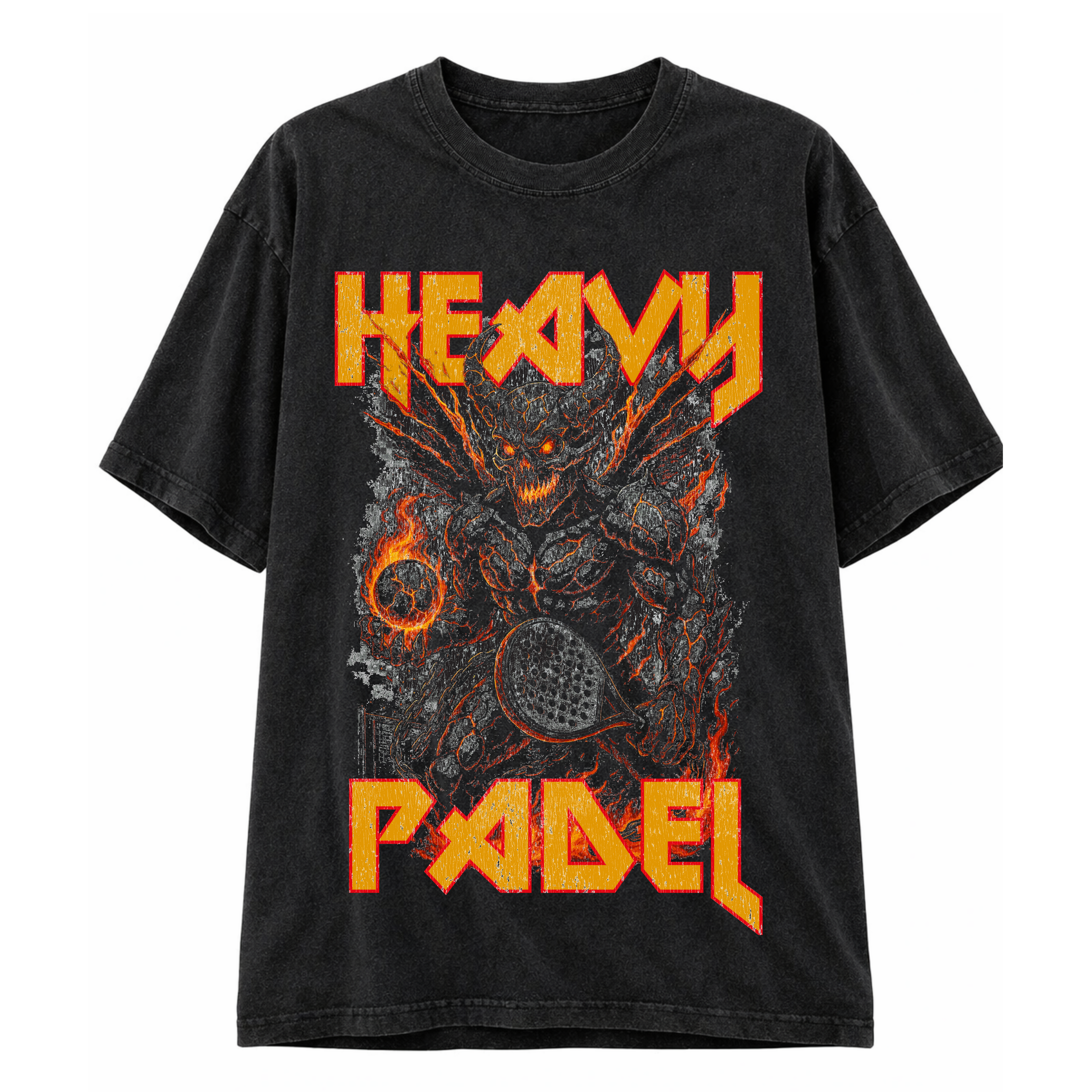 Heavy Padel Demon Tee schwarz Vorderansicht mit Rock-Print